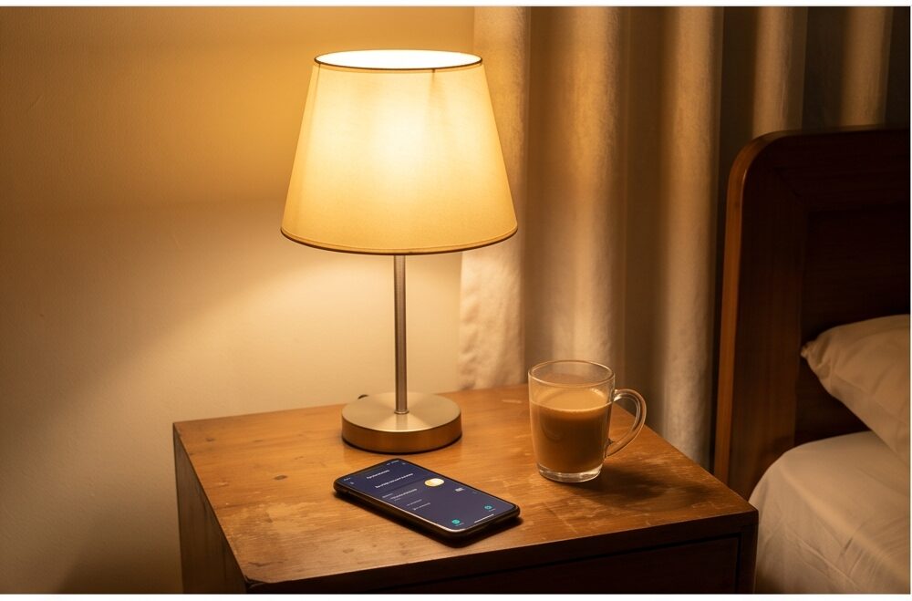 Cozy small apartment smart home lighting setup with bedside lamp