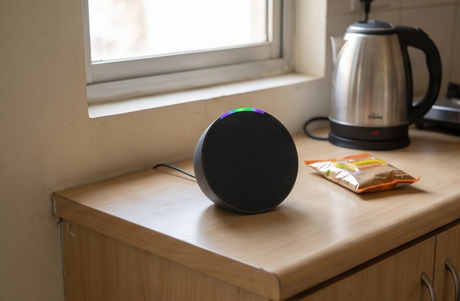 Amazon Echo Pop smart speaker on a kitchen counter next to a kettle