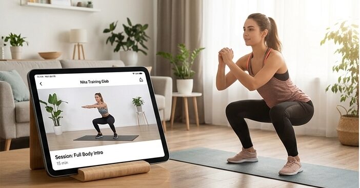 A motivated young woman performing squats in a modern living room while following a beginner fitness application on a digital tablet.