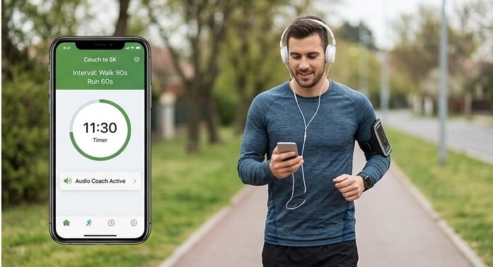 A man with headphones jogging with a smartphone clipped to his arm, showing the Couch to 5K (C25K) interval timer interface.