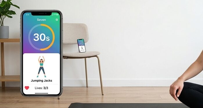 A close-up of a smartphone displaying the Seven - 7 Minute Workout app with a 30s timer for Jumping Jacks and visual representation of 3/3 lives in a minimalist home gym setting.