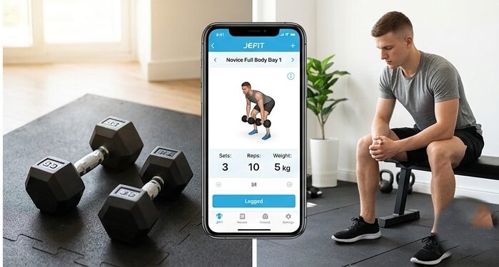 A young man sitting on a gym bench next to dumbbells, with a smartphone in the foreground displaying the JEFIT app interface with a novice full body workout log.