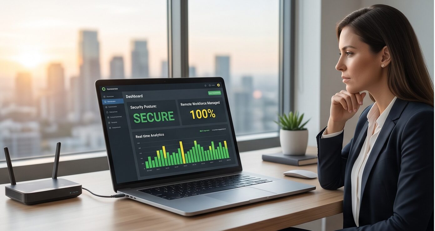 A professional woman monitoring a secure cybersecurity analytics dashboard on a laptop next to a home router.