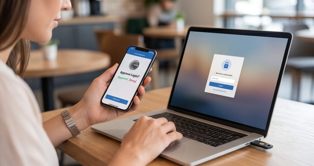 An employee approving a secure push notification on a smartphone while logging into a laptop with a hardware security key inserted.