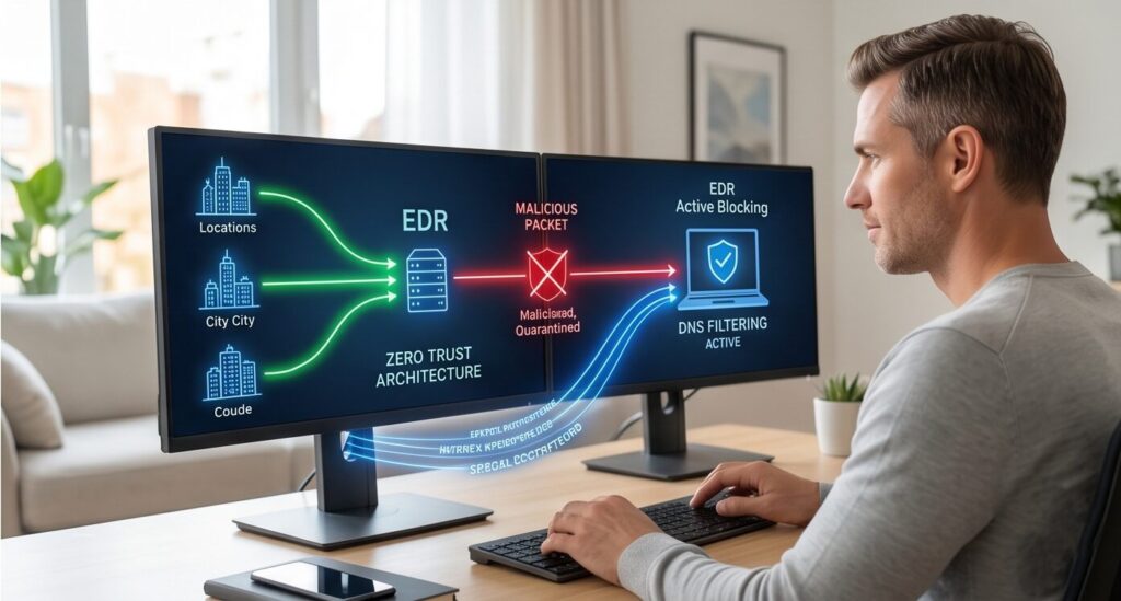 A male IT administrator analyzing an EDR interface on dual monitors showing active blocking of a malicious data packet.