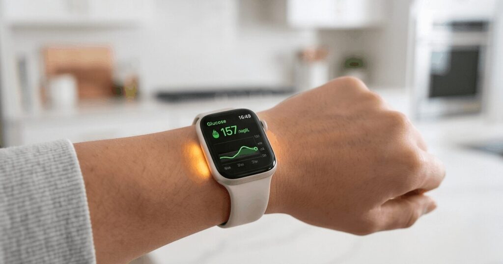 Smartwatch utilizing needle-free optical light sensors to read blood sugar and glucose levels directly through the skin