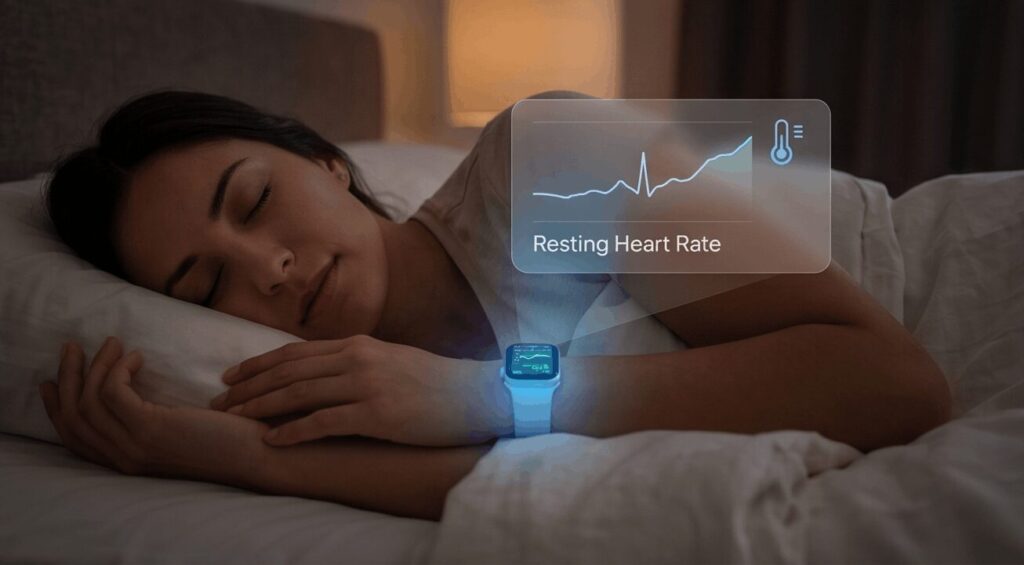 Woman sleeping while a smart health monitor tracks microscopic resting heart rate and body temperature shifts to detect flu early