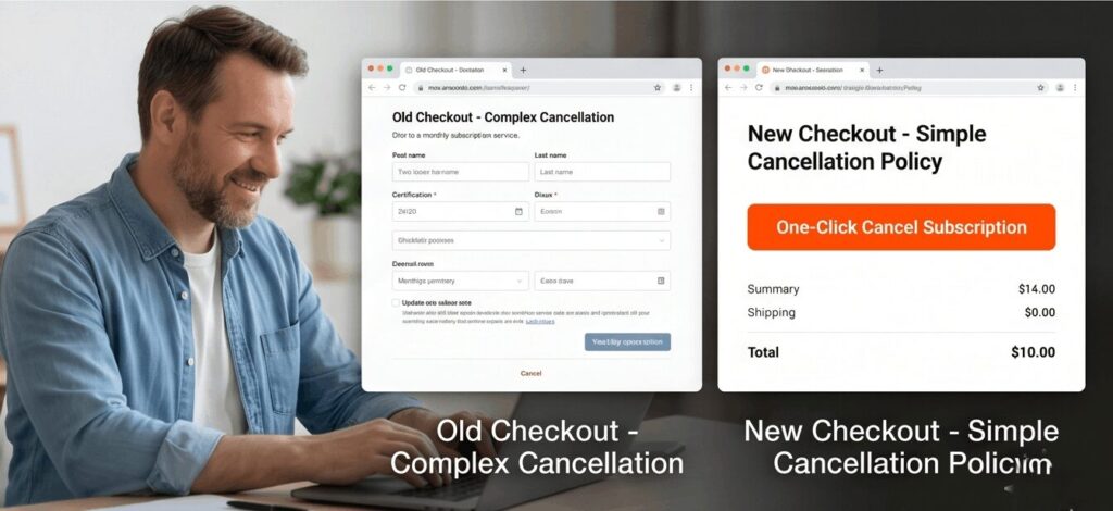 "A man using a tablet in a coffee shop viewing an e-commerce app with a popup box explaining the algorithmic transparency factors behind recommendations."