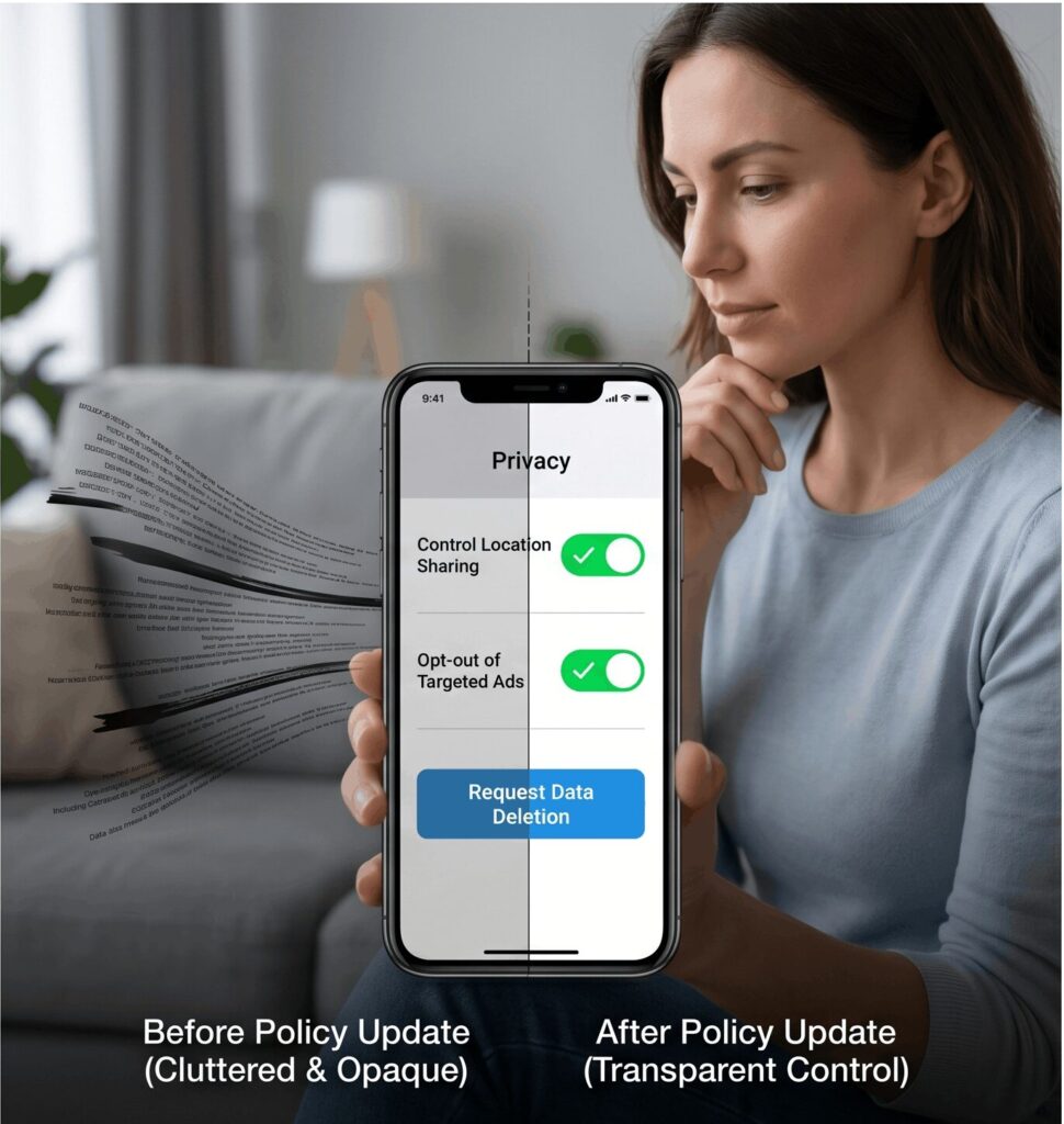 "A laptop screen comparison showing a cluttered, difficult subscription cancellation process versus a streamlined one-click cancellation button."