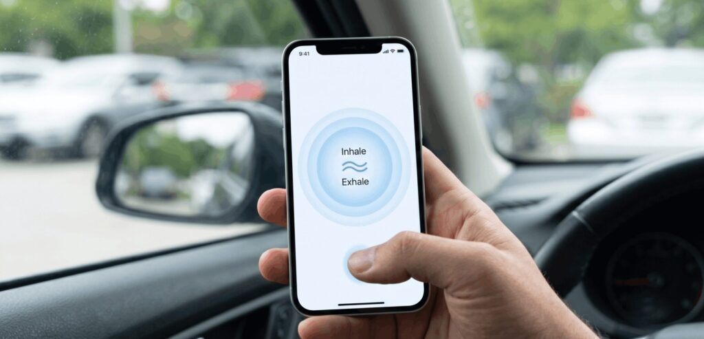 Using a guided breathing and meditation health app for daily routine while sitting in a car.