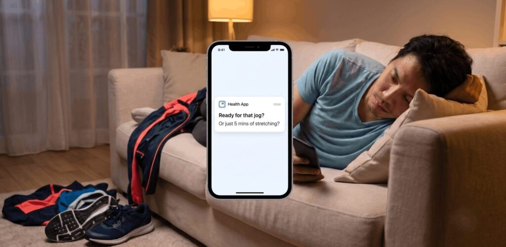 Exhausted man on couch receiving a gentle notification from fitness health apps for daily routine.