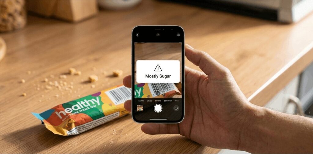 Scanning a snack barcode using a nutrition tracking health app for daily routine.