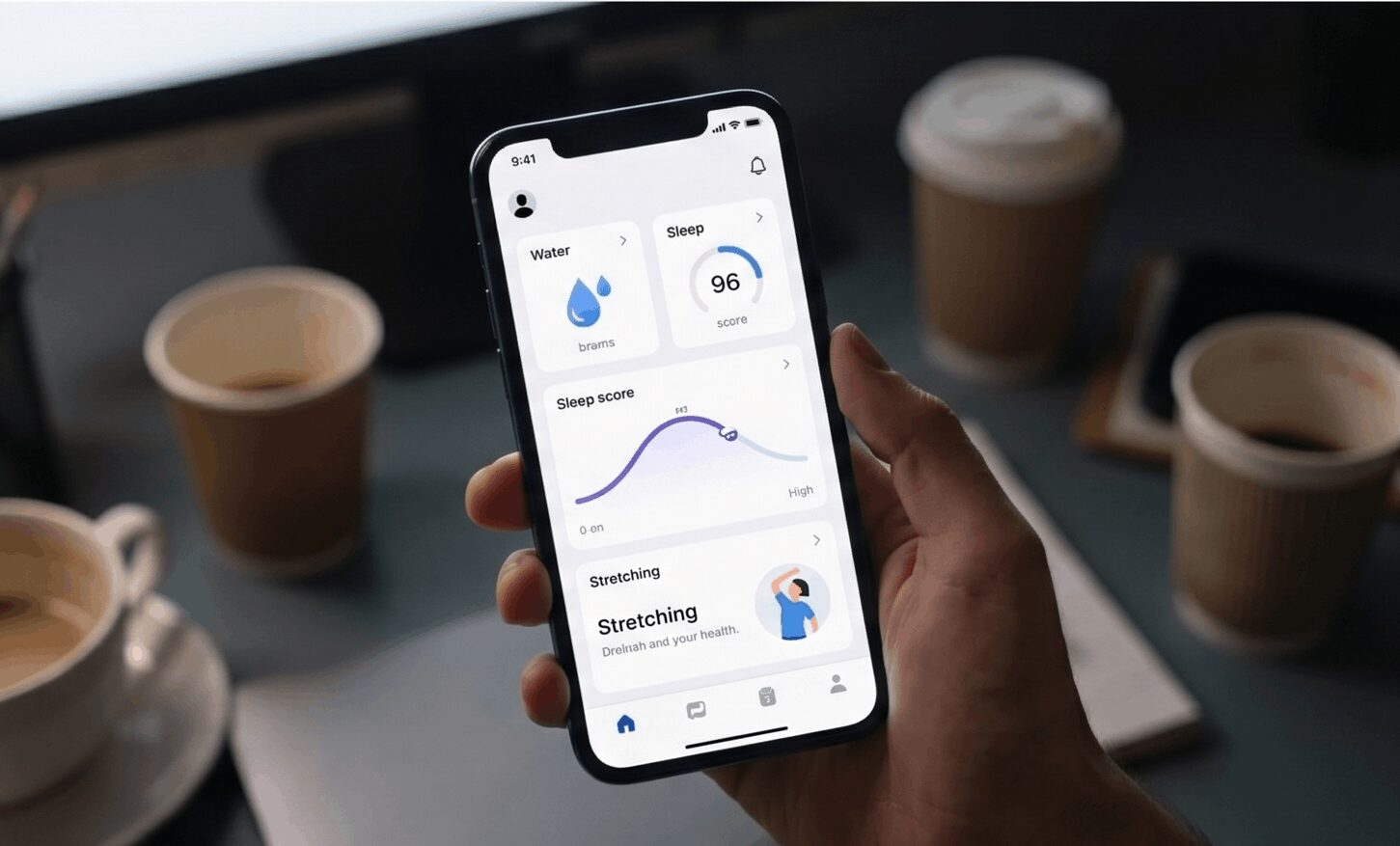 A person holding a smartphone showing a dashboard of health apps for daily routine including water and sleep tracking.