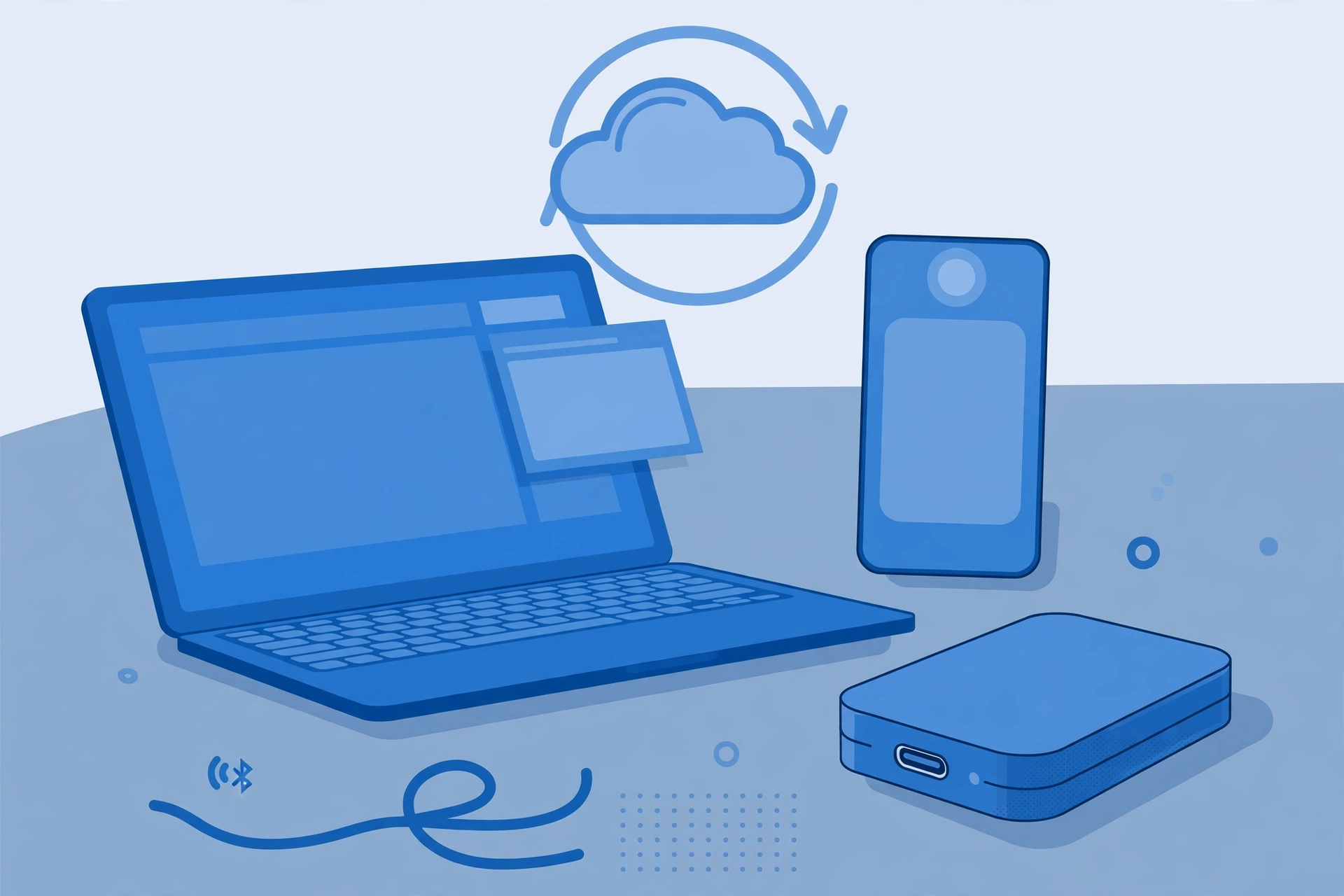 Laptop and phone backing up files to the cloud and an external drive