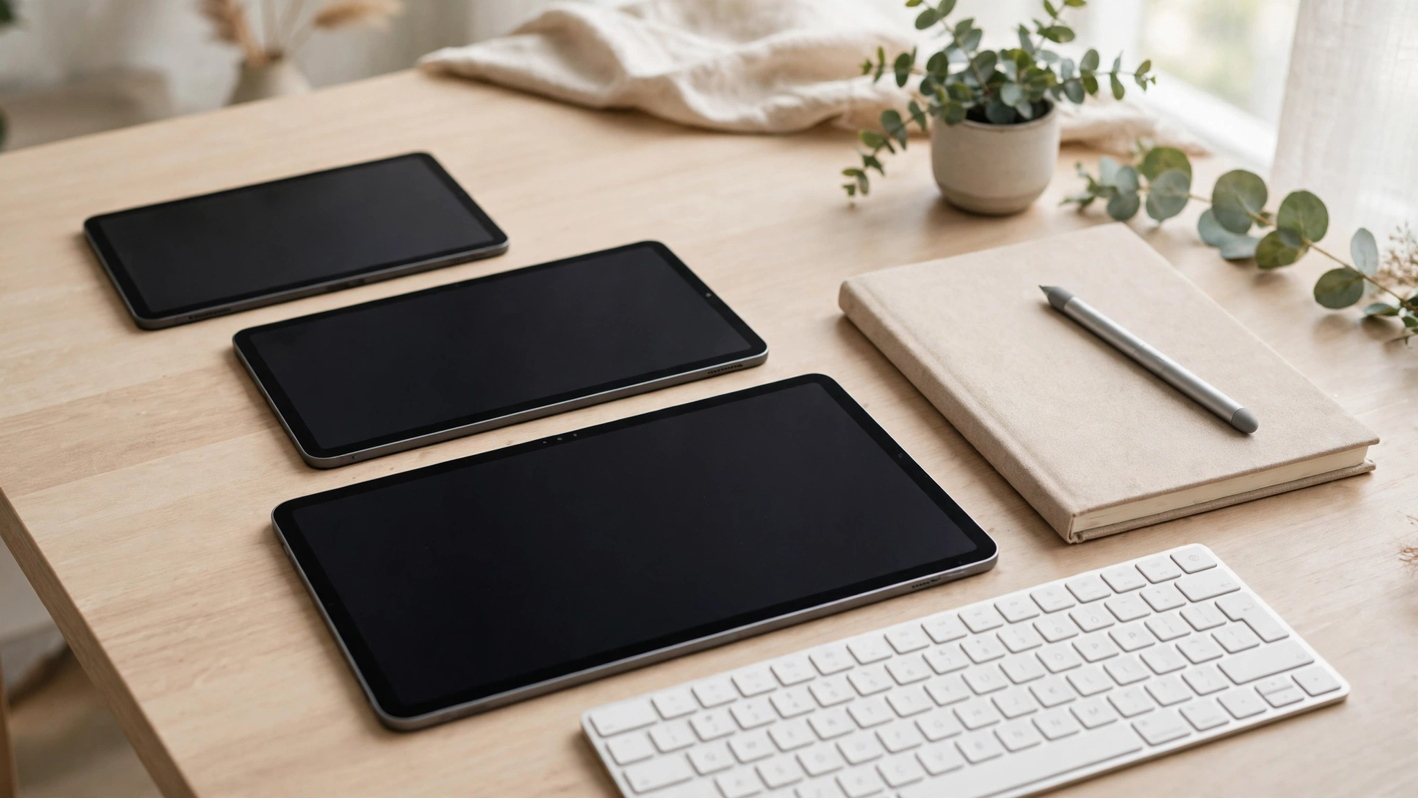 A row of modern tablets in different sizes on a desk