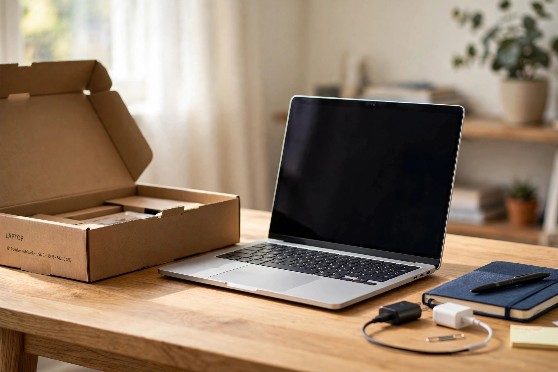 New laptop being unboxed on a desk with charger and notebook.