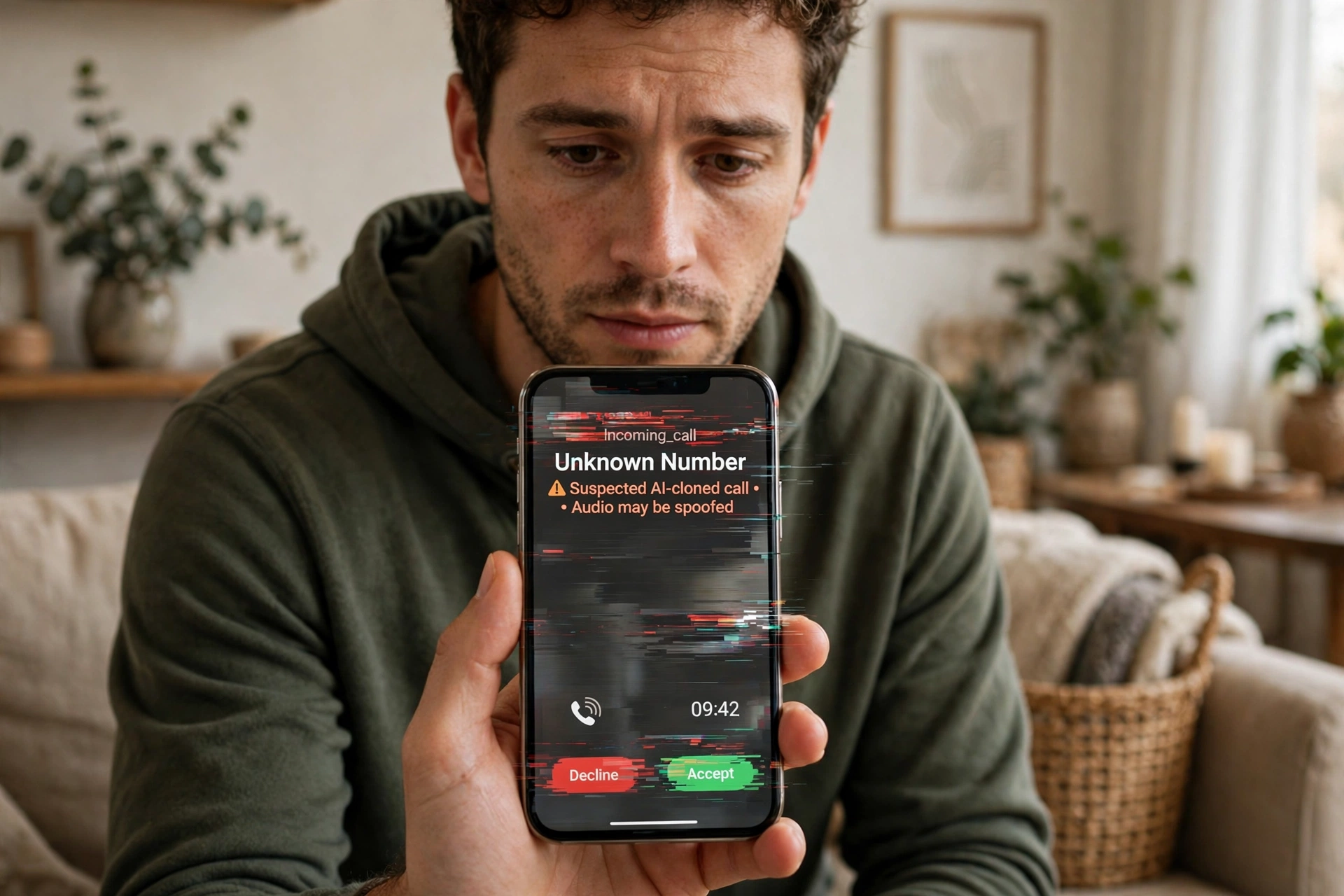 Person holding a smartphone showing a suspected AI social engineering scam call