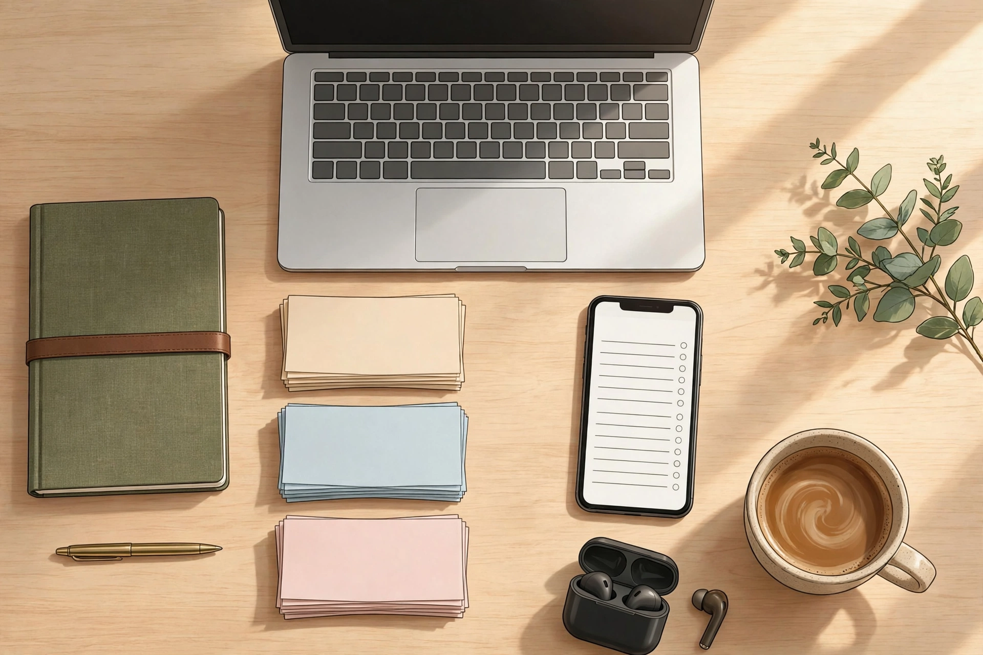Tidy desk with a notebook, phone notes app and laptop