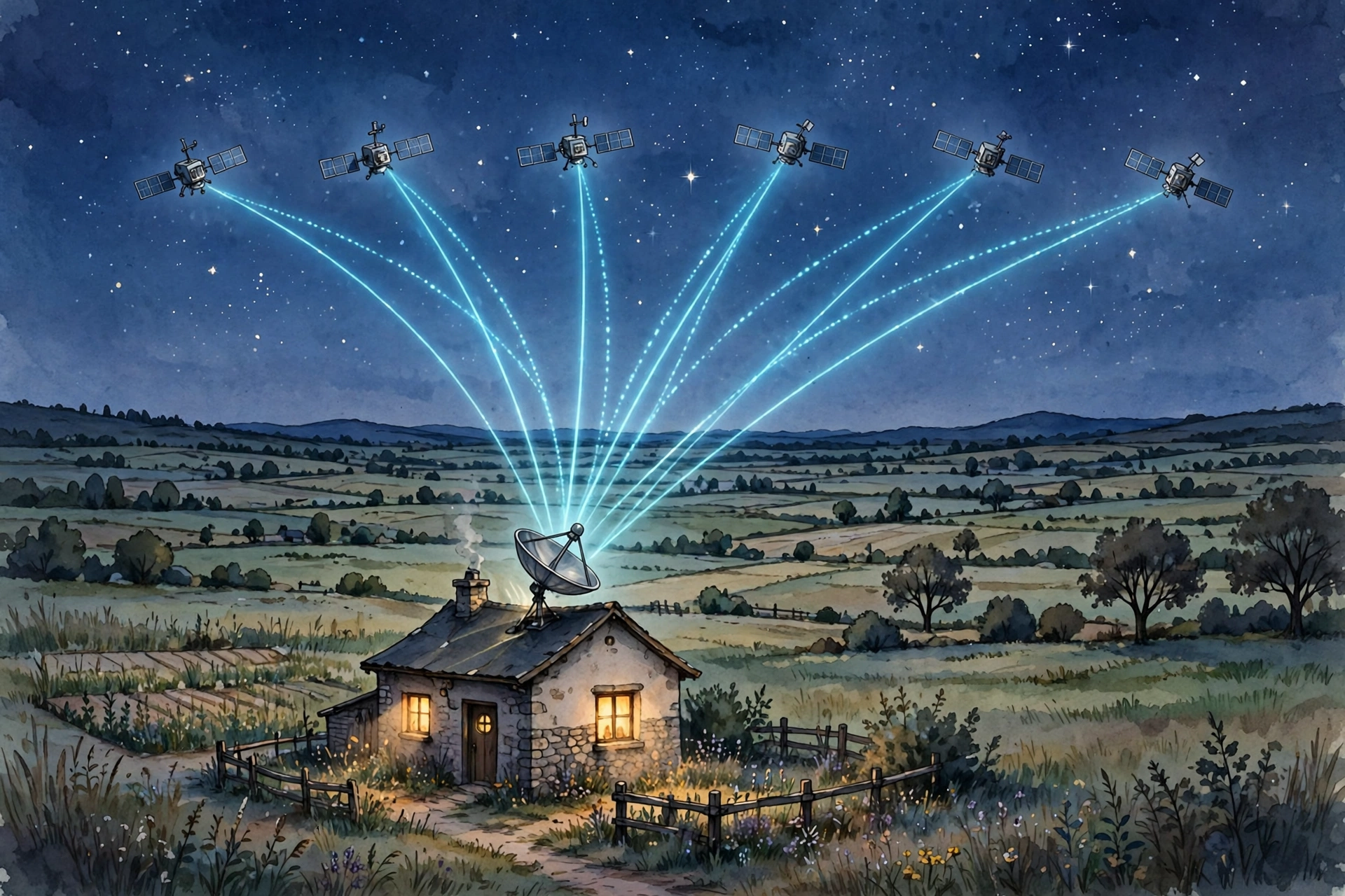 Rural house at dusk with a satellite dish connecting to satellites in the sky