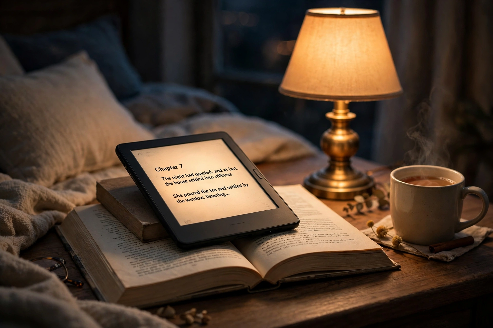 E-reader on a book beside a warm bedside lamp at night