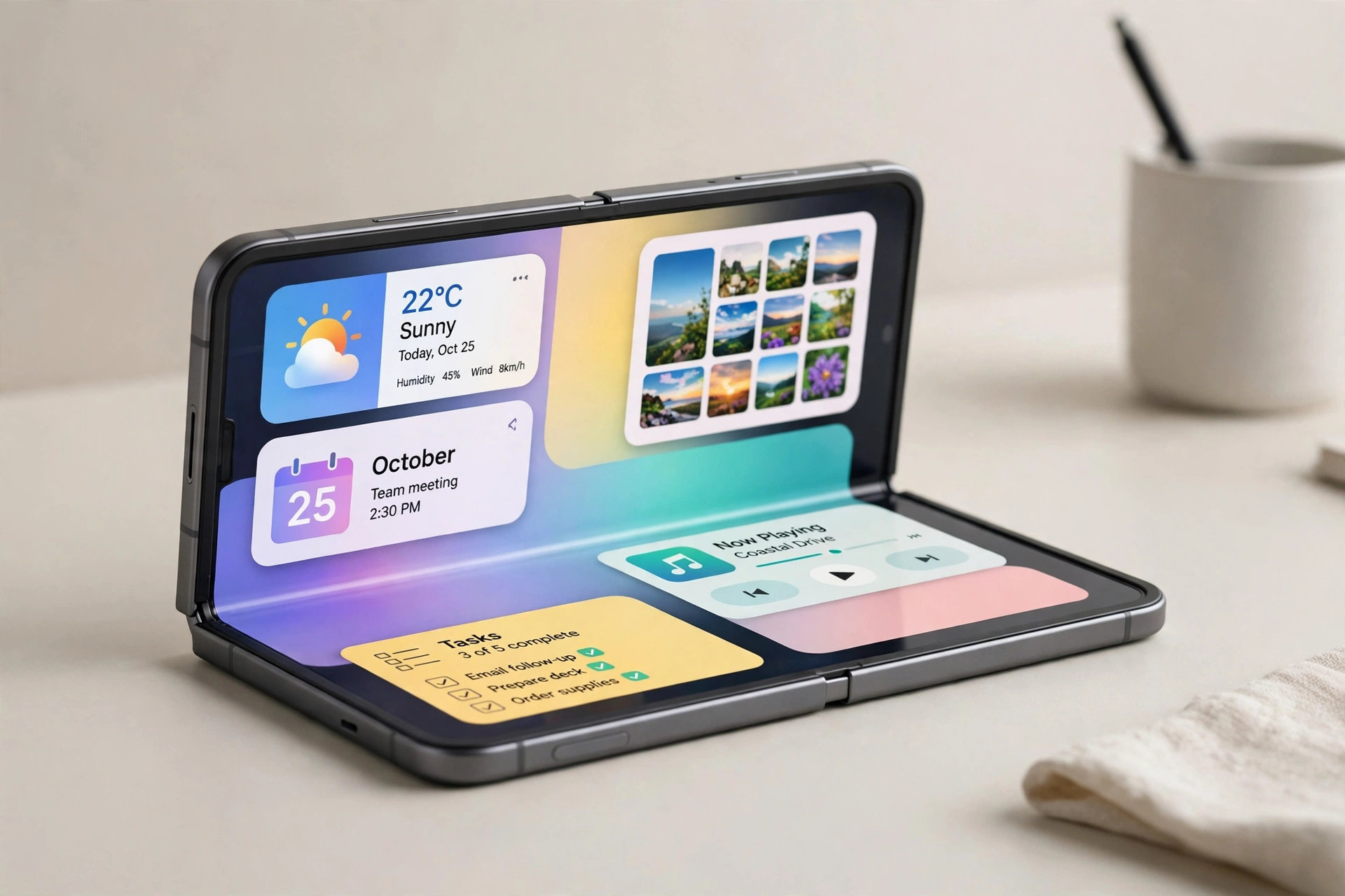 Foldable smartphone half-open on a desk showing its large inner screen