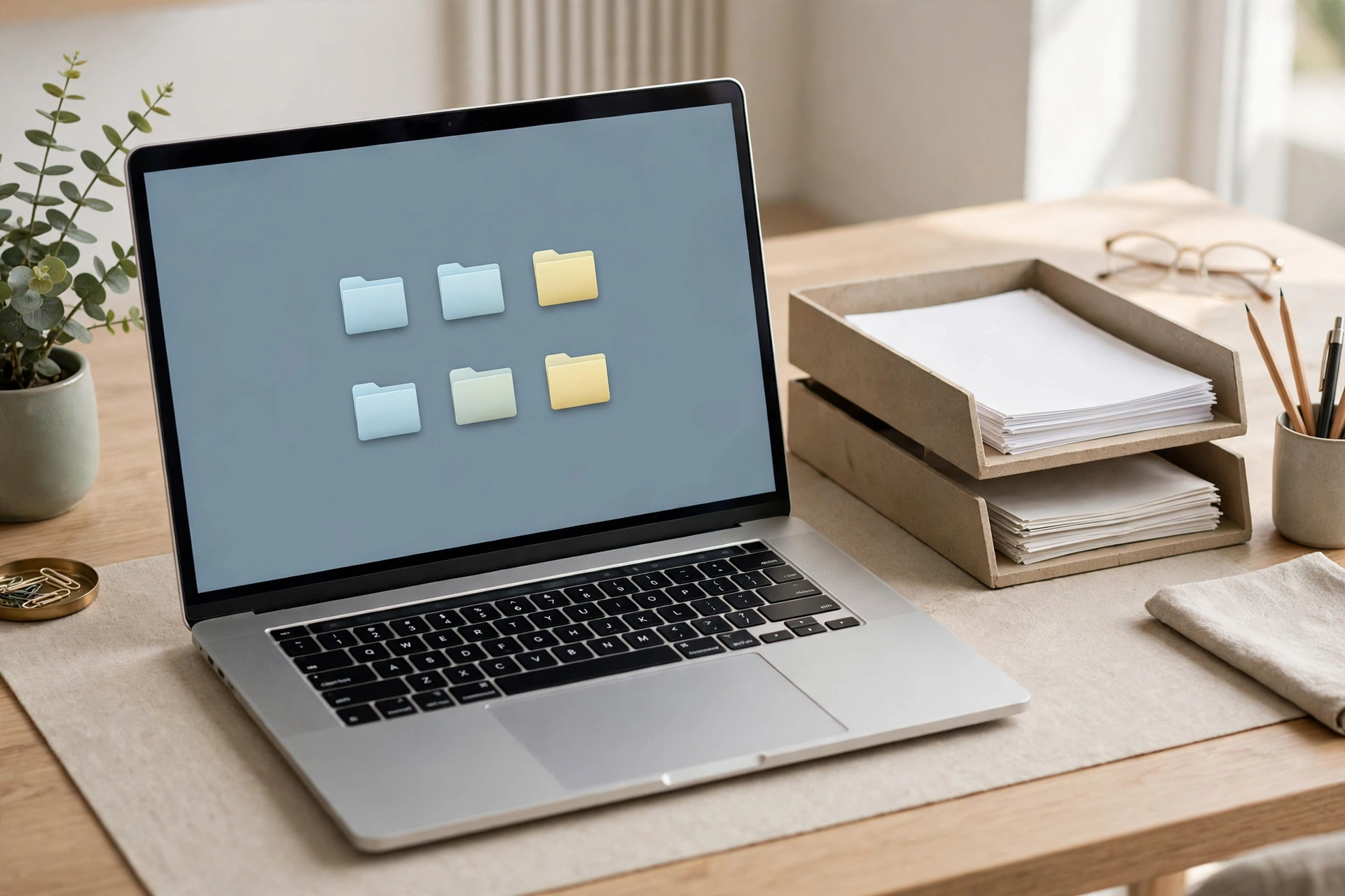Tidy laptop screen showing organised folders beside sorted paper trays