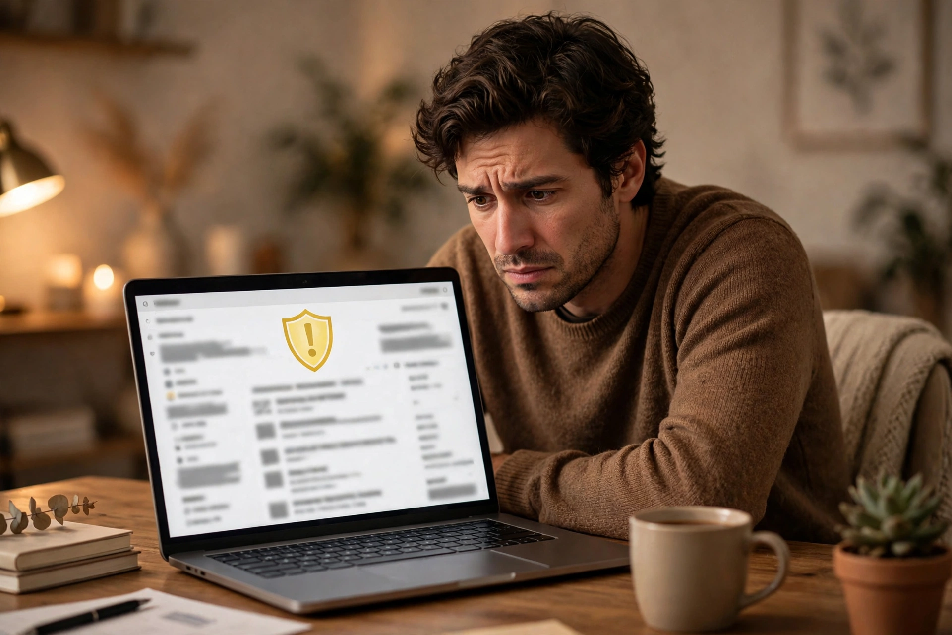 Person at a laptop checking a hacked email inbox with a security warning on screen