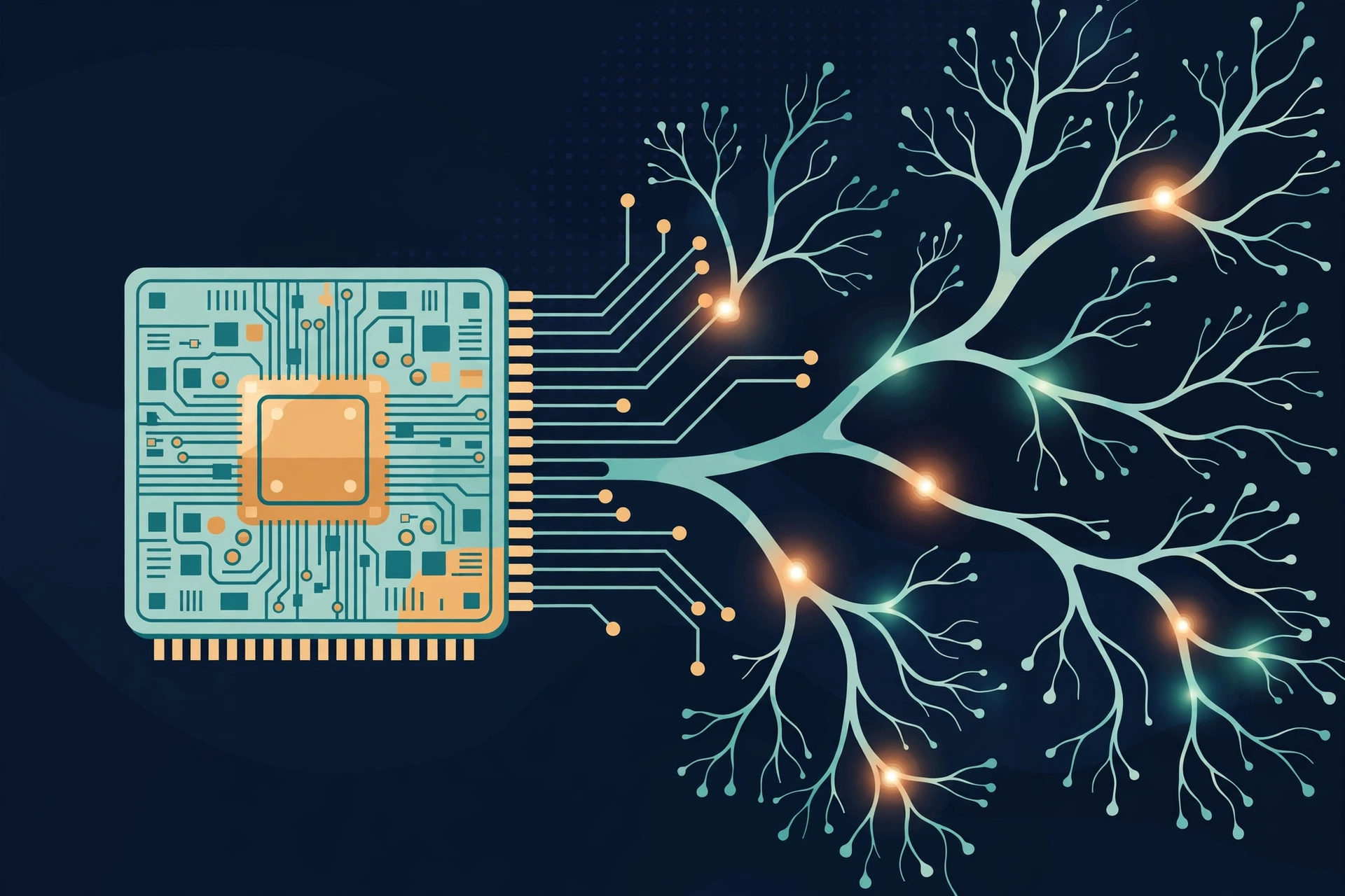 Computer chip with glowing neuron-like branches illustrating neuromorphic computing