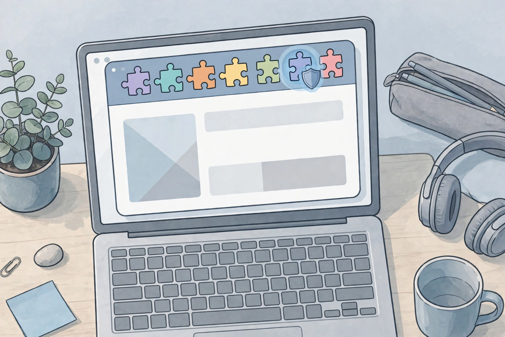 Browser window with extension puzzle-piece icons in the toolbar, one highlighted with a shield