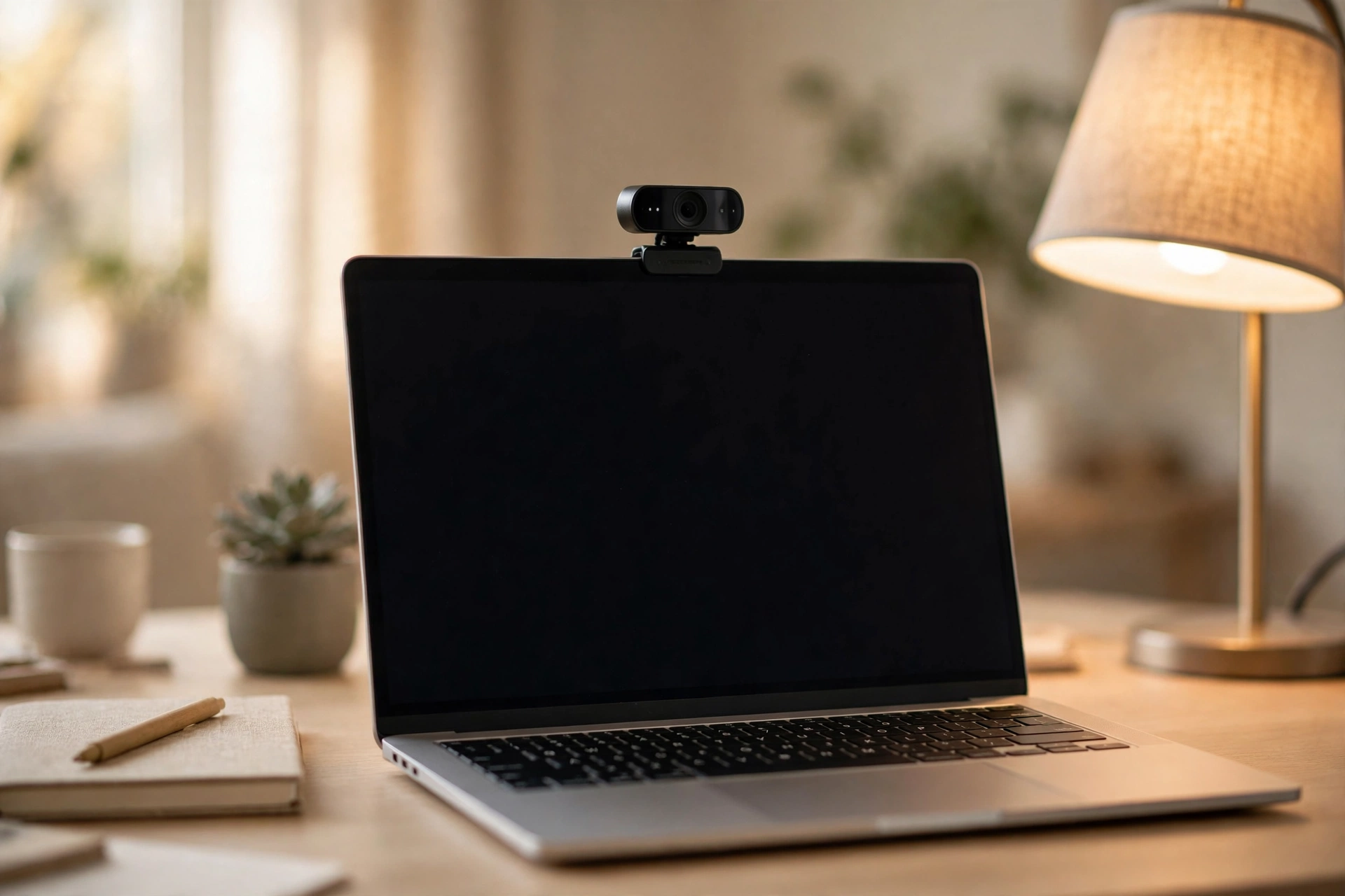 Webcam clipped on a laptop above a tidy home-office desk with a warm desk lamp