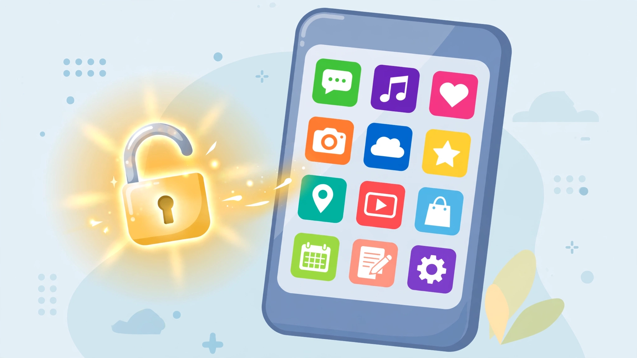 An Android phone showing free open-source apps next to an open padlock