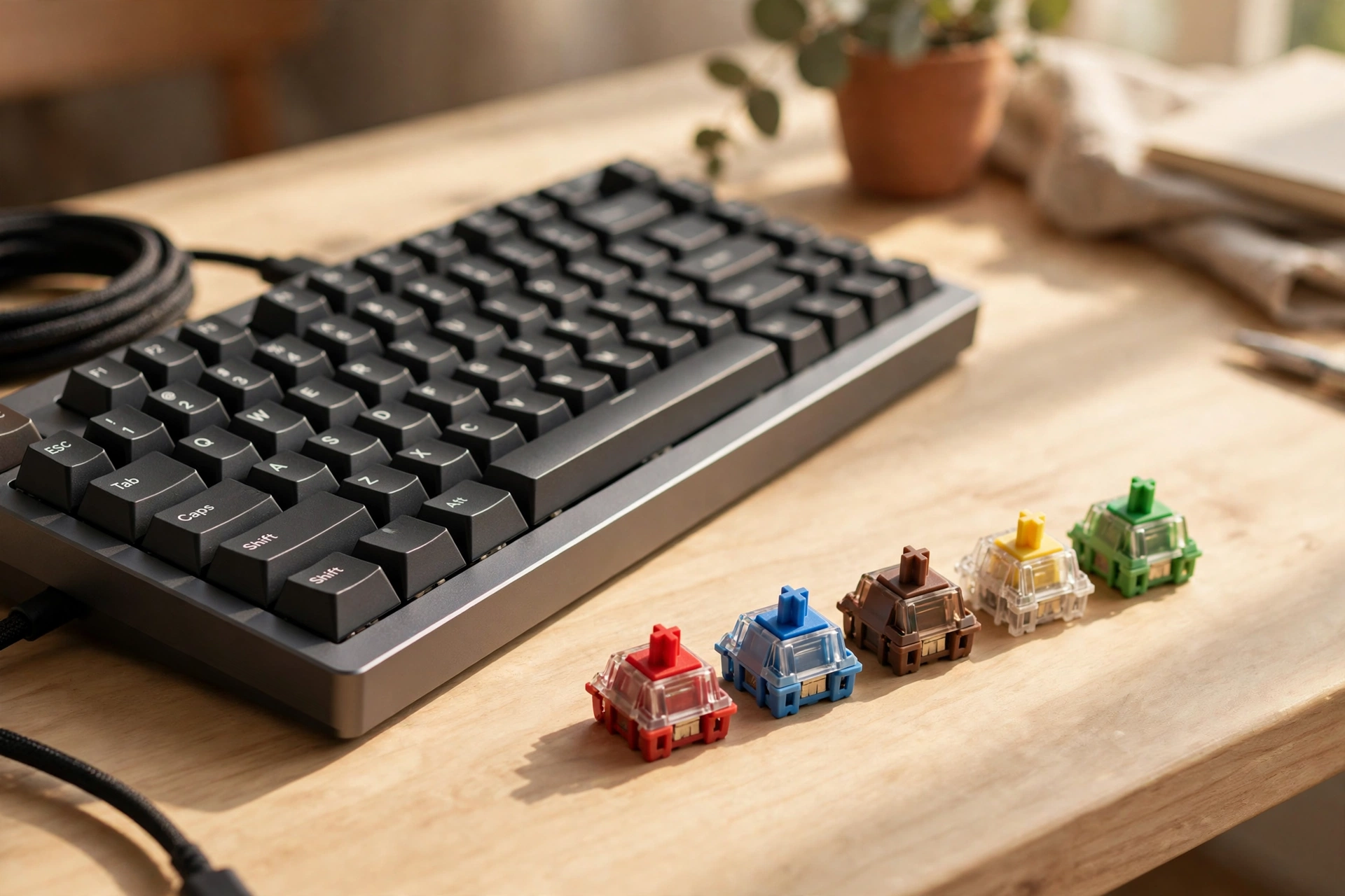 Mechanical keyboard with spare coloured switches on a tidy desk