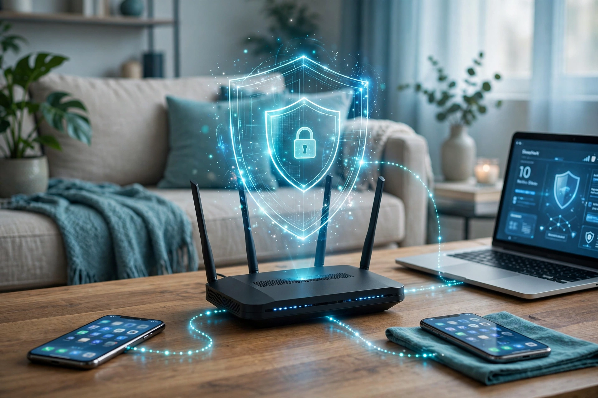 Home Wi-Fi router with a shield, phones and laptop connected