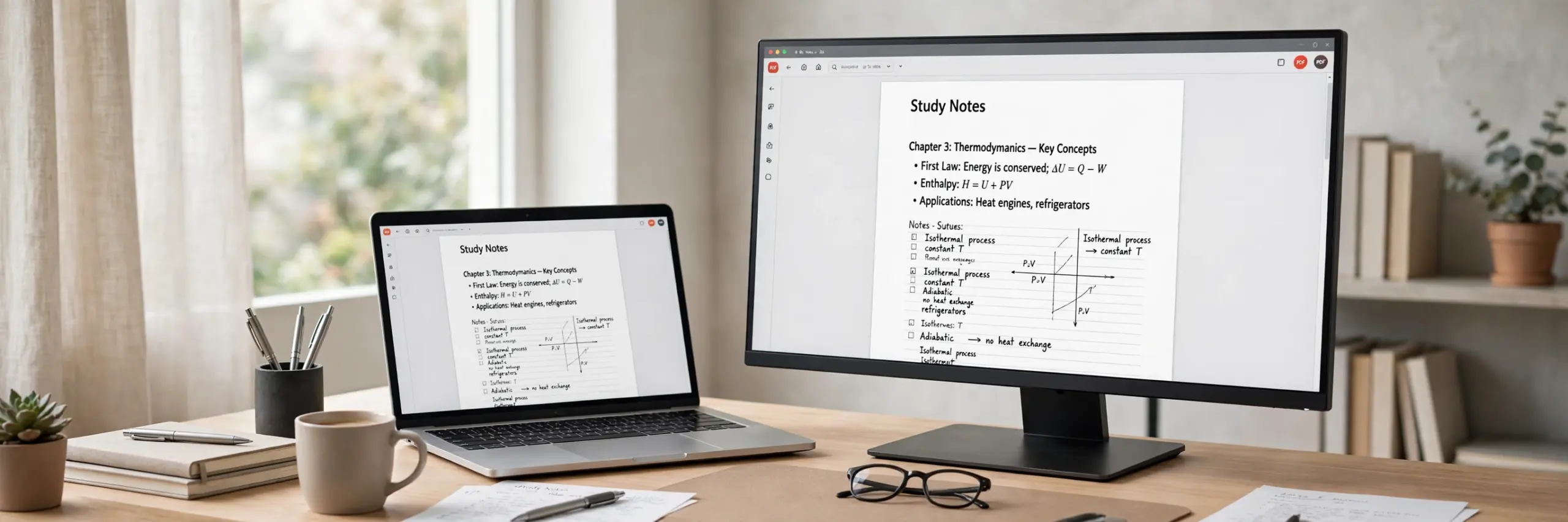 Home office desk with a large monitor for work and study