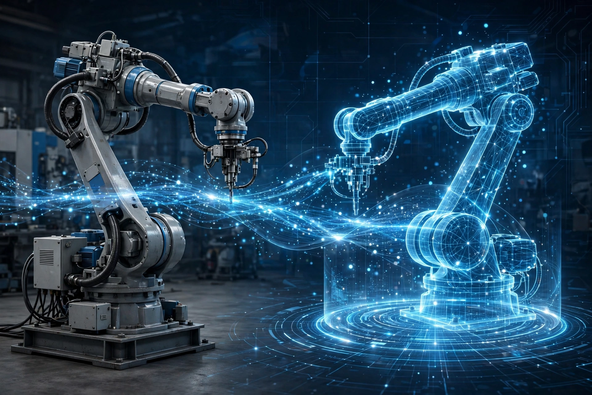 Digital twins explained - a physical machine and its live virtual copy connected by data