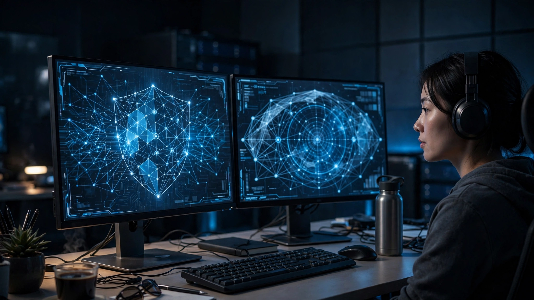 AI security agent scanning code systems while a human engineer reviews the results