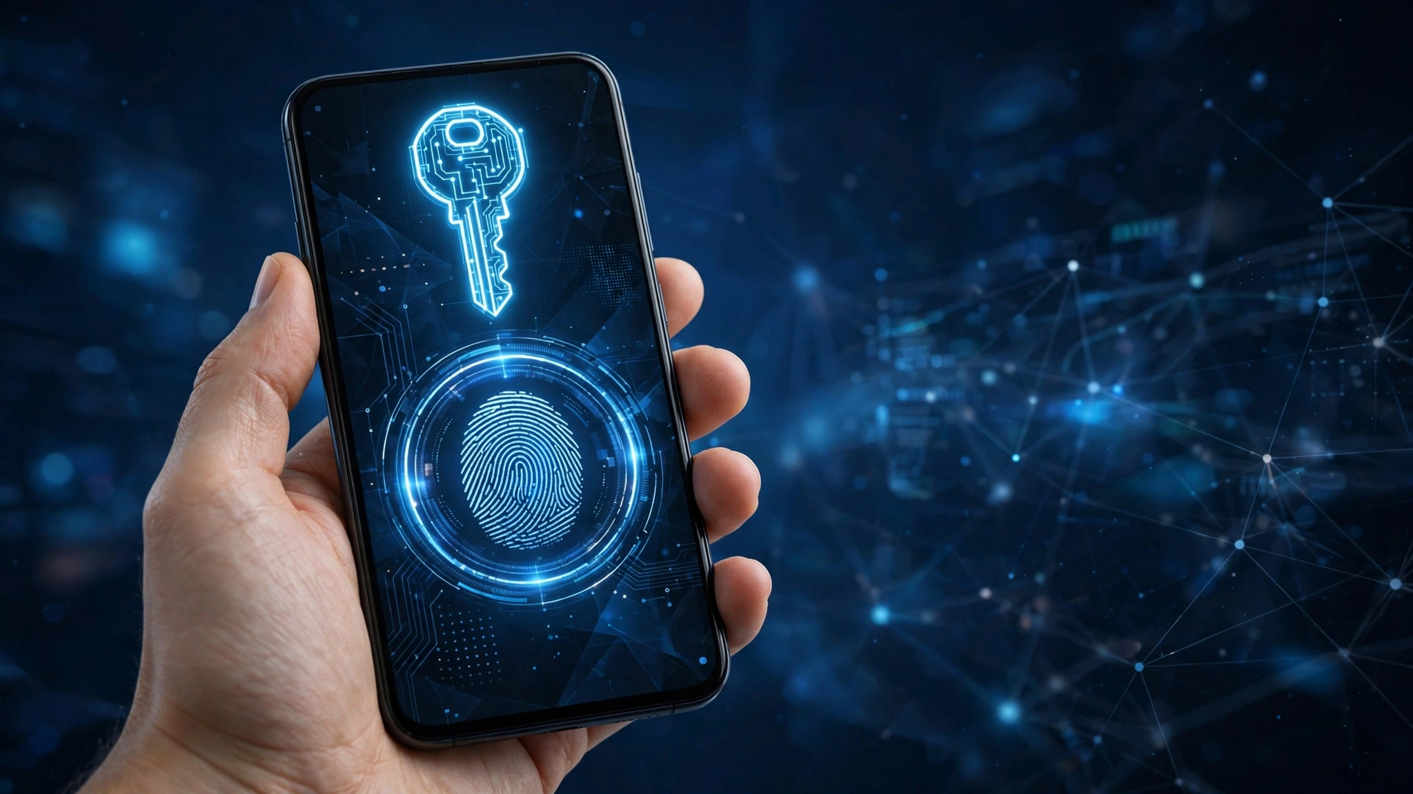 Illustration explaining passkeys as a passwordless login using fingerprint and face recognition on a smartphone